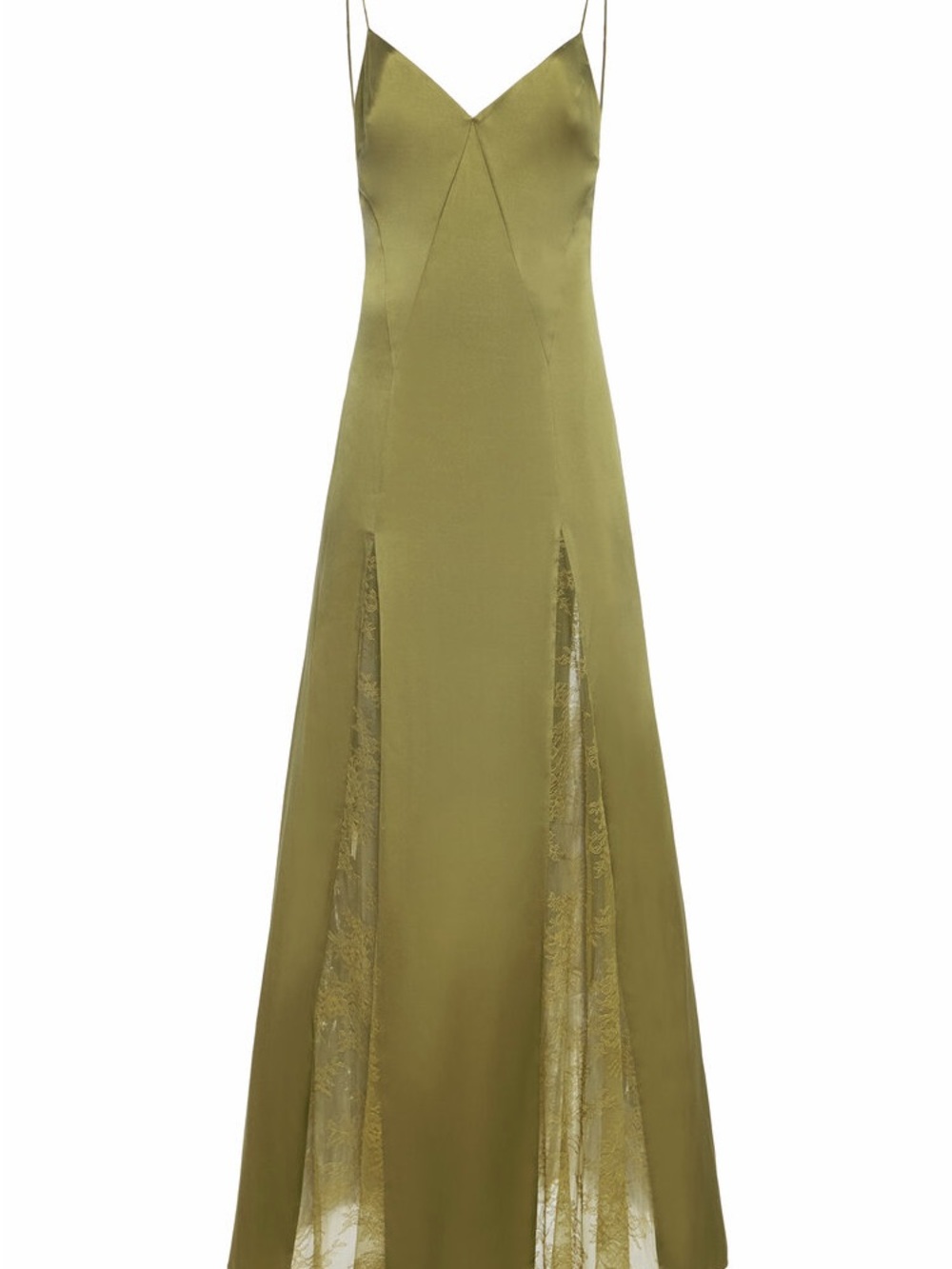 STAUD Olive Green Satin Slip Midi Dress with Lace Insets